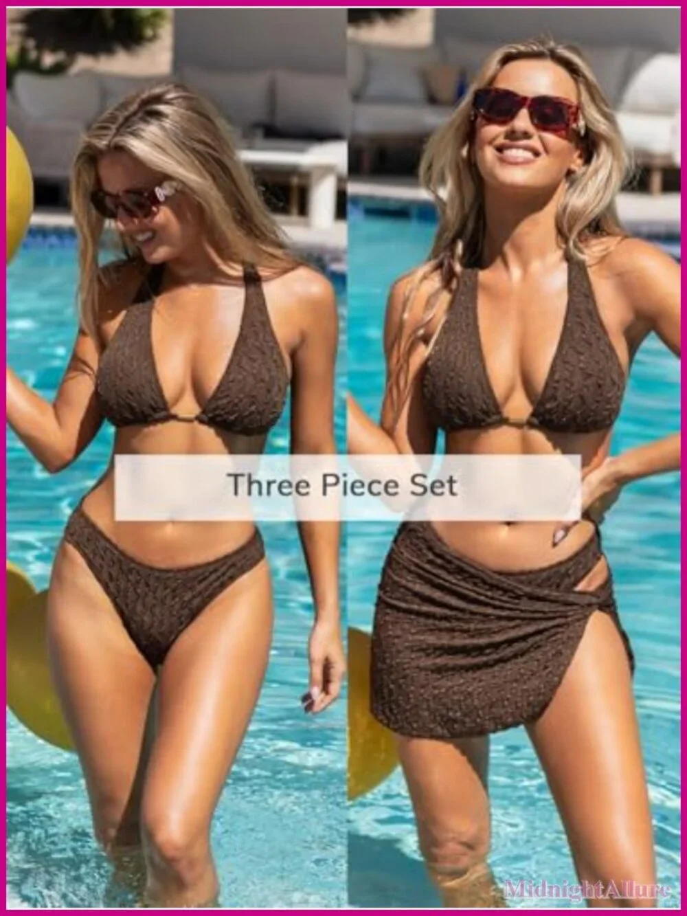 Women's 3 Piece Textured Halter Bikini Set High Stretch Removable Pads